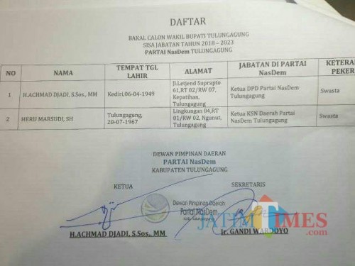 surat pengusulan nama cawabup dari Nasdem (ist)