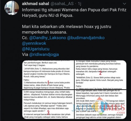 Tangkapan layar @Sahal_AS terkait debunk Frizt Haryadi atas kerusuhan Papua. (@Sahal_AS)