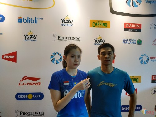 Angelica Wiratama (kiri) dan Alfian Eka Prasetya saat dijumpai usai pertandingan (Hendra Saputra)