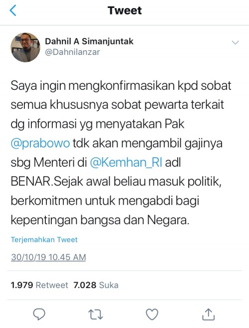 Cuitan Dahnil Anzar Simanjuntak, yang merupakan juru bicara pribadi Prabowo Subianto di twitternya.