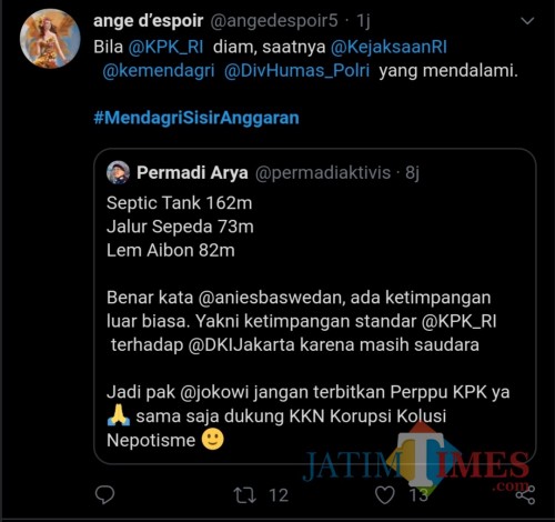 Tangkapan layar warganet yang usung #MendagriSisirAnggaran (Twitter)