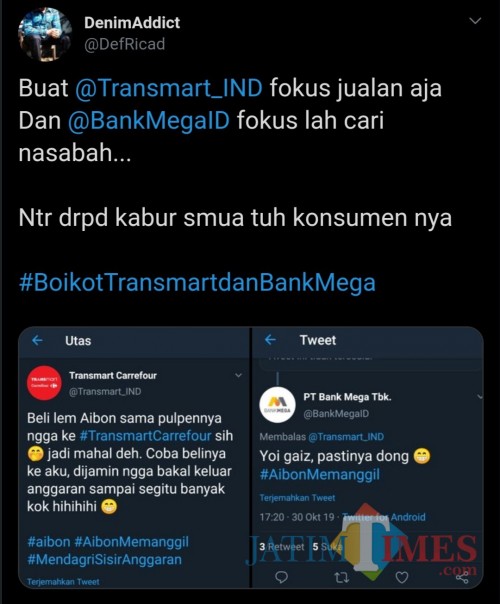 Tangkapan layar boikot Transmart dan Bank Mega. (Twitter)