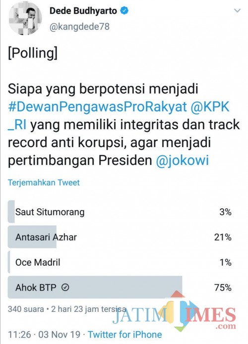 Tangkapan layar akun @kangdede78 terkait polling nama kuat dewan pengawas KPK (@kangdede78)