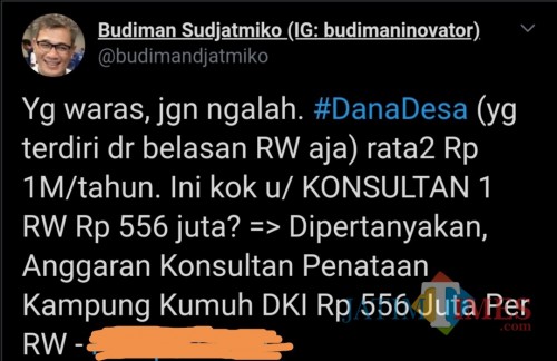 Tangkapan layar akun Budiman Sudjatmiko terkait kritik anggaran konsultan penataan kampung kumuh DKI Jakarta. (@budimandjatmiko)