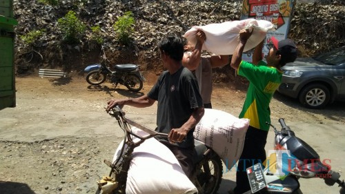 salah satu warga menebus pupuk bersubsidi yang baru datang (foto : Joko Pramono/Jatim Times)
