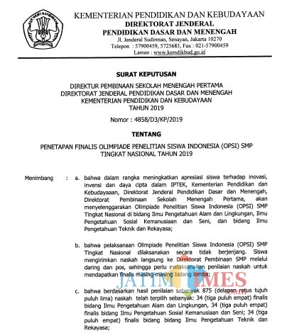 Tangkapan layar SK Kemendikbud RI terkait finalis OPSI 2019, terdapat dua pelajar Kabupaten Malang yang masuk dalam daftar.