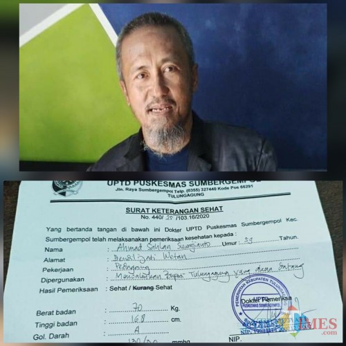Ahmad Salhan Suwarjianto (atas) dan surat keterangan sehat ber-kop Puskesmas Sumbergempol. (Foto : Happier Santoso / Tulungagung TIMES