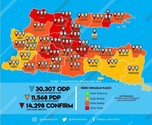 Peta sebaran covid-19 di Provinsi Jatim (Foto : Instagram Pemerintah Provinsi Jatim)