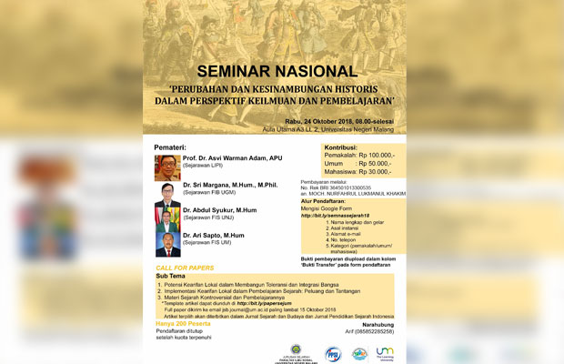 Pamflet seminar nasional Jurusan Sejarah Fakultas Ilmu Sosial, Universitas Negeri Malang (UM), saat belum ditunda. (Istimewa)