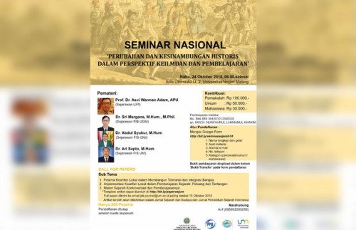 Pamflet seminar nasional Jurusan Sejarah Fakultas Ilmu Sosial, Universitas Negeri Malang (UM), saat belum ditunda. (Istimewa)