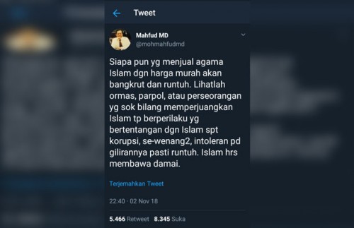 Cuitan Mahfud MD di Twitter (@mahfudmd)