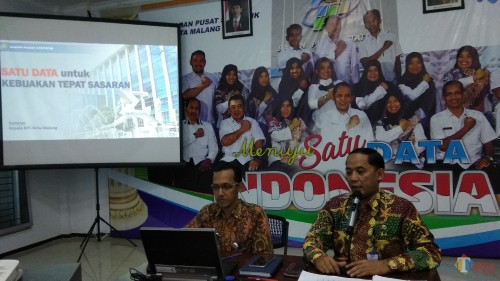 Kepala BPS Kota Malang Sunaryo (kanan) saat memaparkan kebijakan Satu Data Indonesia. (Foto: Nurlayla Ratri/MalangTIMES)