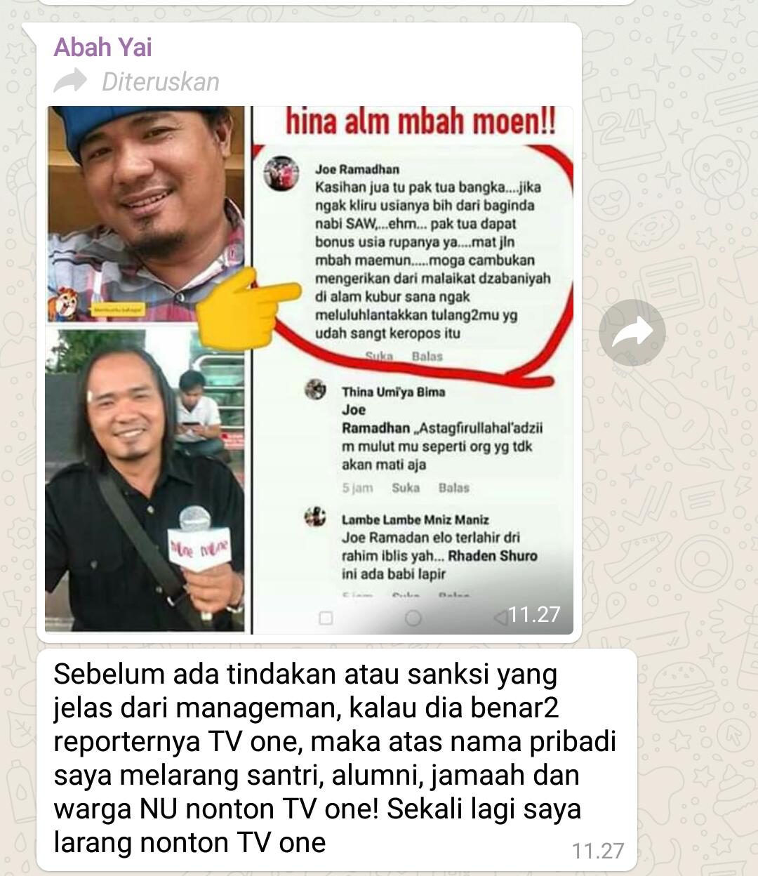 Screenshot postingan dan foto Joe yang menghina almarhum Mbah Moen di medsos FB.