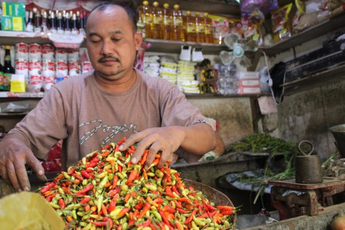 Salah seorang pedagang cabai rawit di Pasar Pon Kecamatan Jombang, Hariyanto saat menunjukan cabai rawit dagangannya. (Foto : Adi Rosul / JombangTIMES)