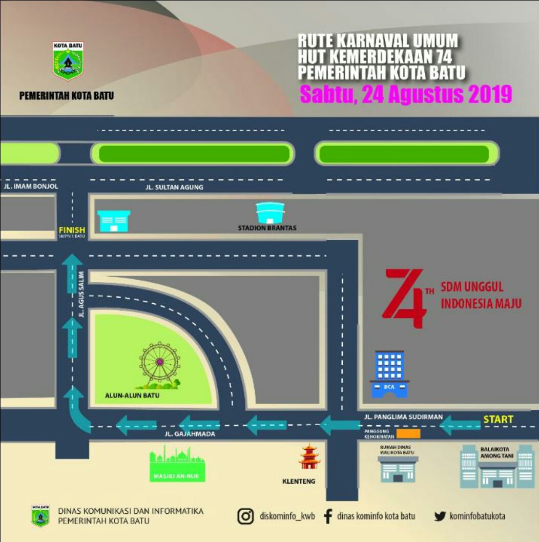 Rute yang digunakan Karnaval Umum HUT Kemerdekaan ke 74 di Kota Batu. (Foto: istimewa)