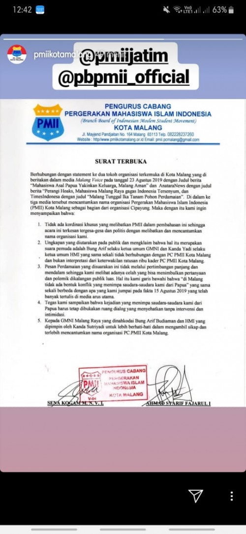 Surat Terbuka PC PMII. (Foto: istimewa)