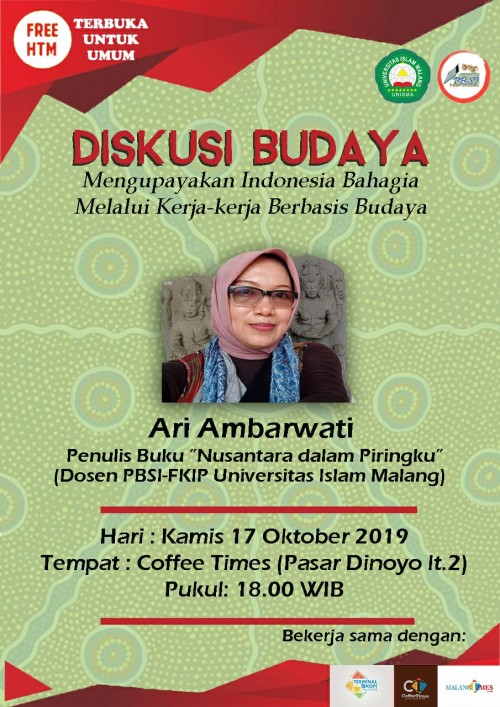 Pamflet Diskusi Mengupayakan Indonesia Bahagia Melalui Kerja-Kerja Berbasis Budaya (Istimewa).