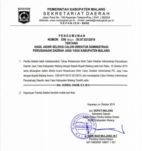 Pengumuman seleksi akhir calon Direktur Administrasi PD Jasa Yasa Kabupaten Malang