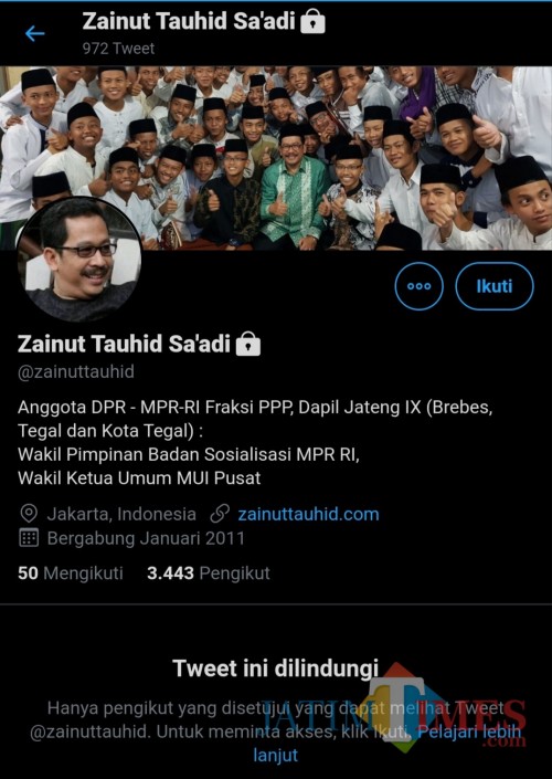 Tangkapan layar akun Twitter Wamen Agama Zainut Tauhid yang kini digembok (@zainuttauhid)