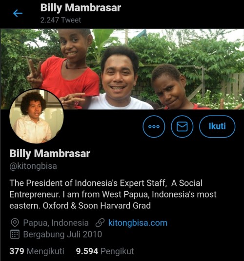 Tangkapan layar akun pribadi staf khusus Jokowi, Billy Mambrasar yang kini ramai di lini masa (Twitter)