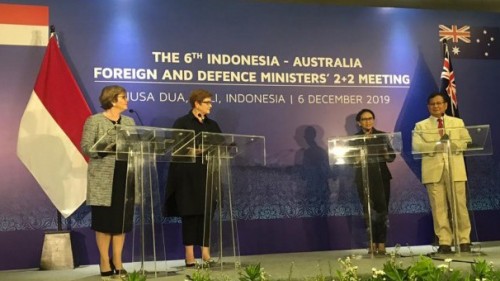 Dari kanan Menteri Pertahanan RI Prabowo Subianto dengan Menteri Luar Negeri (Menlu) Retno Marsudi, Menlu Australia Marisa Payne, dan Menhan Australia Linda Reynolds di pertemuan ke-6 kedua negara, BNDCC, Bali, Jumat (6/12/2019). (Foto: istimewa)