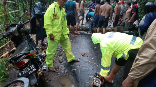 Petugas kepolisian beserta warga saat mengevakuasi jenasah korban yang meninggal akibat tertimpa pohon tumbang (Foto : Istimewa)