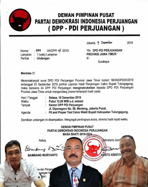 Surat dari DPP dan Tiga Bakal Calon Bupati Yang Dipanggil / Foto : Istimewa / Tulungagung TIMES