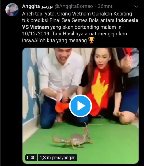 Layar tangkap postingan video prediksi kemenangan final Sea Games bola antara Indonesia dan Vietnam (Twitter)