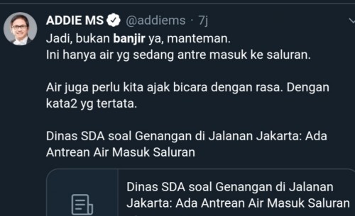 Tangkapan layar @addiems musisi senior Indonesia terkait banjir Jakarta (Twitter)