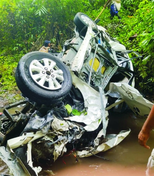 Kondisi kendaraan roda empat yang terjun bebas di jurang jalan raya Ampelgading dan menyebabkan dua penumpang meninggal dunia di TKP. (Polres Malang)