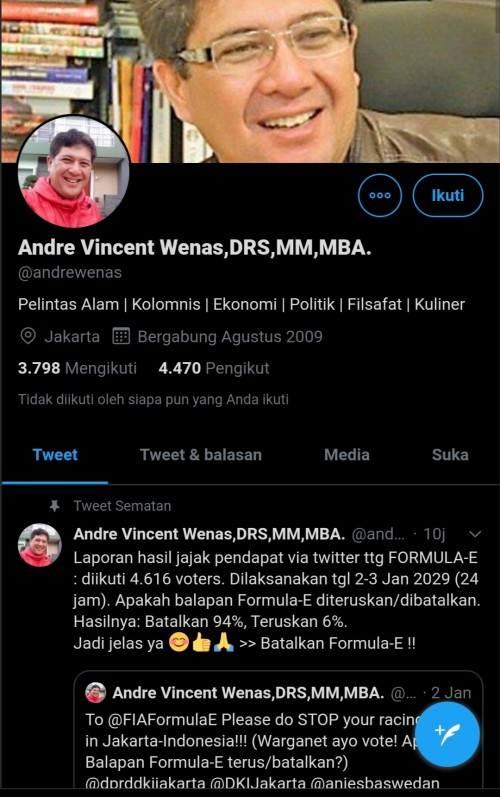 Layar tangkap akun Twitter @andrewenas terkait polling Formula E