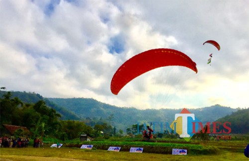 Landing paralayang di Lapangan Songgomaruto di Kelurahan Songgokerto, Kecamatan Batu. (Foto: Irsya Richa/MalangTIMES)