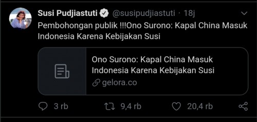 Cuitan Susi Pudjiastuti teekait pernyataan Ono Surono anggota DPR RI dari PDI-Perjuangan (Twitter)