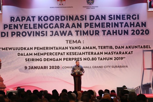 Ketua KPK RI, Firli Bahuri saat memberikan sambutan di Rakor dan Sinergi Penyelenggaraan Pemerintahan di Provinsi Jawa Timur, Kamis (9/1) (Foto: Humas Pemkot Malang)