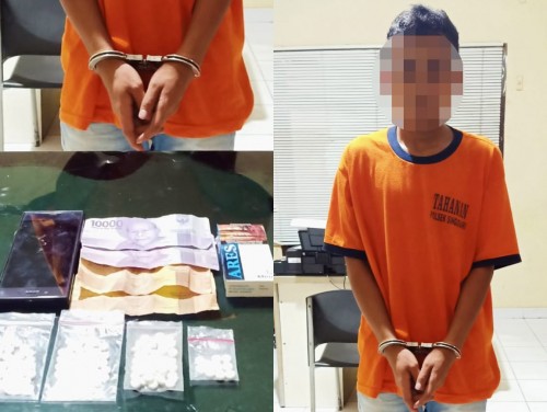 Tersangka Ahmad Fauzan beserta barang bukti narkoba saat diamankan polisi (Foto : Polsek Singosari for MalangTIMES)