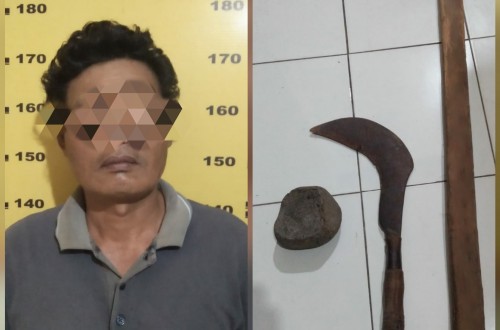 Pelaku Khoirudin dan barang bukti yang diamankan polisi. (Foto: Dokpol / Tulungagung TIMES)