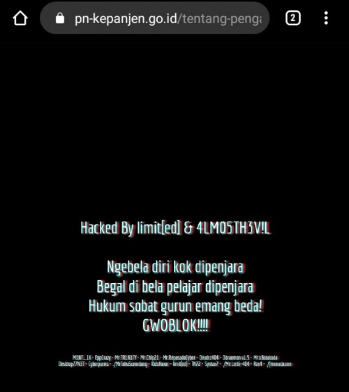 Situs tampilan website Pengadilan Negeri Kepanjen saat diretas oleh hacker (Istimewa)
