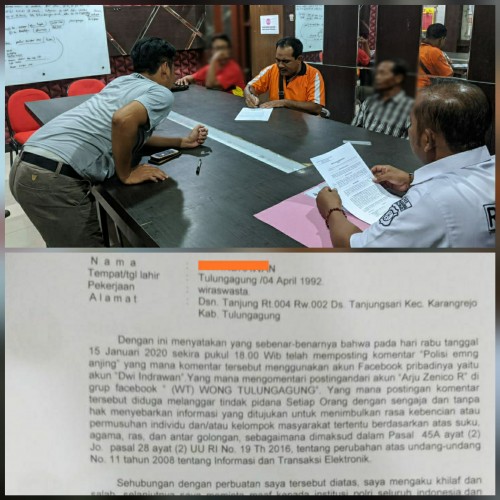 Tiga pelaku saat membuat surat pernyataan minta maaf dan penyesalan. (Foto: Dokpol / Tulungagung TIMES)