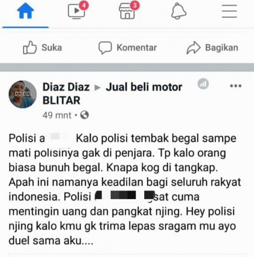 Postingan ujaran kebencian kepada polisi yang diunggah akun FB Diaz-Diaz.