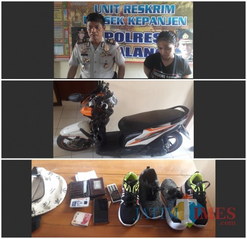 Tersangka pelaku Desi (27) saat di Polsek Kepanjen beserta barang bukti yang telah diamankan petugas (Foto: Tubagus Achmad/MalangTIMES)