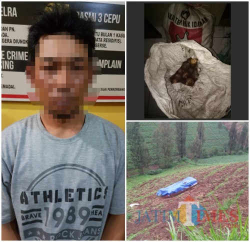 Tersangka Nur Mukid (38) saat diamankan petugas beserta barang bukti berupa 2 karung kentang. (Foto: Tubagus Achmad/MalangTIMES)