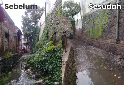 Foto sebelum dan sesudah Sungai Tongan dibersihkan petugas Gerakan Angkat Sedimen Sampah
