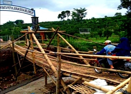 Jembatan darurat dari bambu yang dibangun untuk menggantikan ambrolnya jembatan bernilai sekitar Rp 500 juta di wilayah Dau. (Ist)