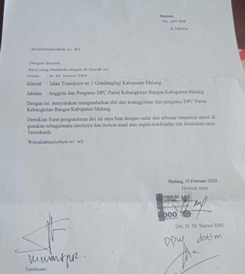 Surat pengunduran Sanusi dari PKB (Ist)