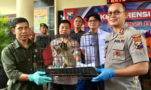 Dari kanan Kapolres Batu AKBP Harviadhi Agung Prathama saat menyerahkan kukang kepada Kepala Resort KSDA wilayah 22 Malang Hari Pramono di halaman Polres Batu, (21/2/2020). (Foto: Irsya Richa/MalangTIMES)