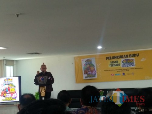 Bupati Malang H.M. Sanusi yang memberikan sambutan pada peluncuran buku komik destinasi wisata berjudul 'Si Juki Petualangan di Malang, Bromo-Tengger-Semeru'.
