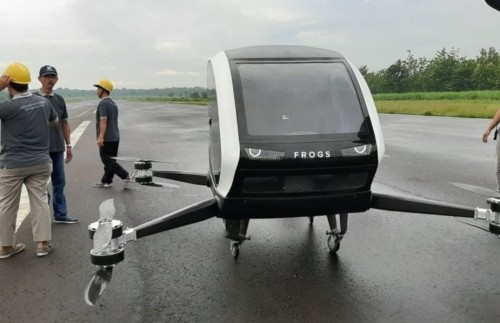 Frogs 282 Drone Taksi milik perusahaan Start Up asal Bantul yang sedang dalam tahap peecobaan penerbangan.