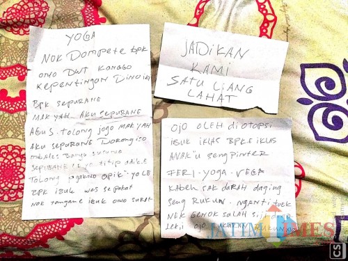 Tiga lembar surat wasiat yang ditemukan pada saku celana dan genggaman tangan pasutri di Kecamatan Wagir yang meninggal diduga karena bunuh diri
