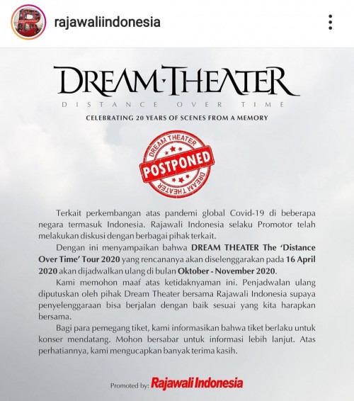 Rilisan resmi dari promotor Rajawali Indonesia mengenai penjadwalan ulang konser tur Dream Theater di Indonesia. (Foto: Instagram rajawaliindonesia)