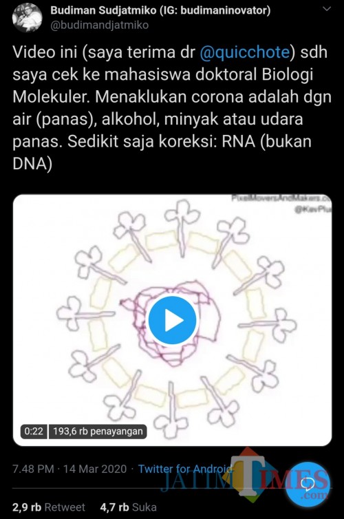 Layar tangkap twit @budimandjatmiko terkait cara menaklukkan Corona (Twitter)